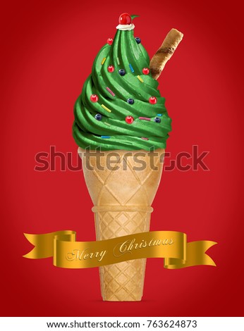 whipped soft christmas or new year tree decorating ice cream cone  including christmas message on wavy ribbon and wafer stick isolated on red background