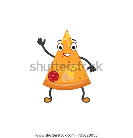 Funny pizza slice character with smiling human face waving hand, cartoon vector illustration isolated on white background. Cartoon smiling humanized pizza slice character, mascot waving hello