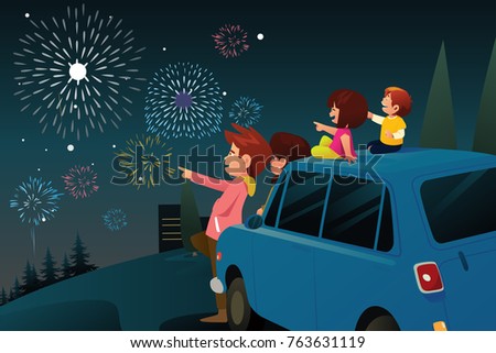 A vector illustration of Family Watching Fireworks for New Year Celebration