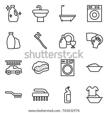 Thin line icon set : cleanser, sink, bath, washing machine, shampoo, tooth brush, dish, wiping, car wash, sponge with foam, basin, toilet, handle