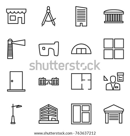 Thin line icon set : shop, draw compass, skyscraper, airport building, lighthouse, slum, hangare, window, door, school, plan, architector, outdoor light, office, garage
