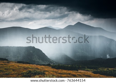 Powerful heavy rainfall. Location Carpathian national park, Ukraine, Europe. Picture of wild area. Scenic image of hiking concept. Moody weather. Discover the beauty of earth. Explore the environment
