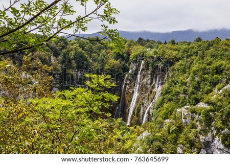 Plitvice lakes waterfalls, Croatian natural travel background, national park