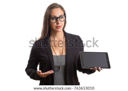 Woman holding tablet touch pad on white background, young female intellectual secretary at work.