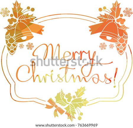 Christmas label with silhouette of holiday decorations and written greeting "Merry Christmas!". Vector clip art.