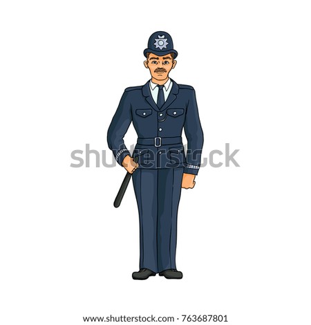 English policeman, constable in top hat holding a baton, hand drawn vector illustration isolated on white background. Full length, front view portrait of typical English, British policeman, constable