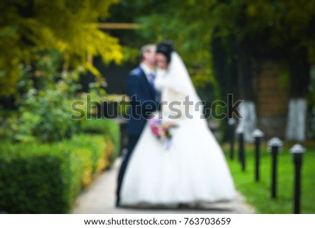 Bride and groom outdoor. Blurred picture.
