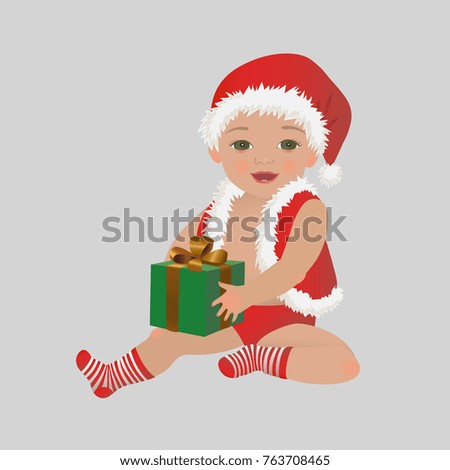   Christmas baby with gift box. Cute Xmas child in Santa Claus costume holding present isolated on white vector illustration.