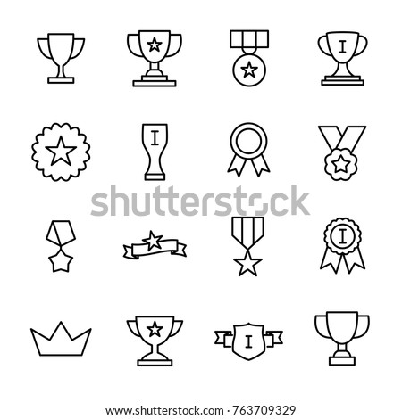 Set of premium award icons in line style. High quality outline symbol collection of achievement. Modern linear pictogram pack of cup. Stroke vector illustration on a white background. Royalty-Free Stock Photo #763709329