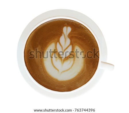 Top view of hot coffee latte cappuccino cup with latte art milk foam isolated on white background, clipping path included.