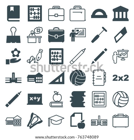 Set of 36 school filled and outline icons such as triangle ruler, pen, book, abacus, school, protractor, blackboard, eraser, blackboard x+y, paper and apple, atom in hand