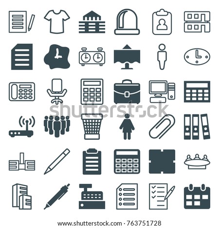 Set of 36 office filled and outline icons such as clock, calculator, pen, woman, check list, calclator, group, binder, building, document, case, restaurant table, router