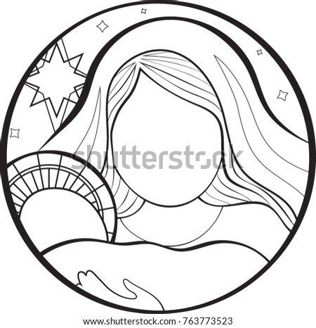 Jesus and Mary, Line art, Vector illustration, Circular Christmas scene