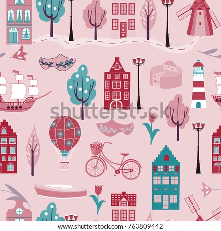 Vector seamless pattern of colored houses, flowers, trees, ship, bike, street lamp.Inscription for t shirts, posters, cards.