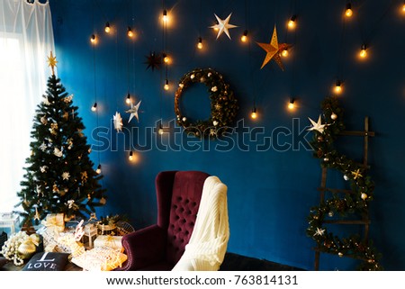 Decorated Christmas room with beautiful fir tree