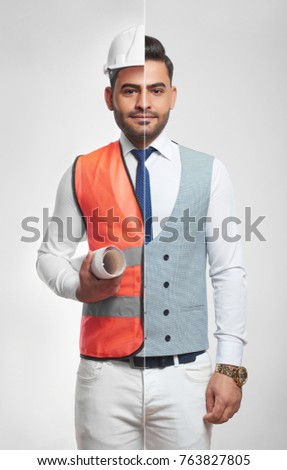Combined collage shot of a handsome young man dressed in elegant classic business outfit and a safety vest with hardhat on the other side holding architectual blueprints profession engineering. Royalty-Free Stock Photo #763827805