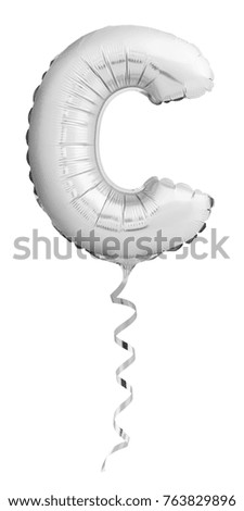 Silver chrome letter C made of inflatable balloon with silver ribbon isolated on white background