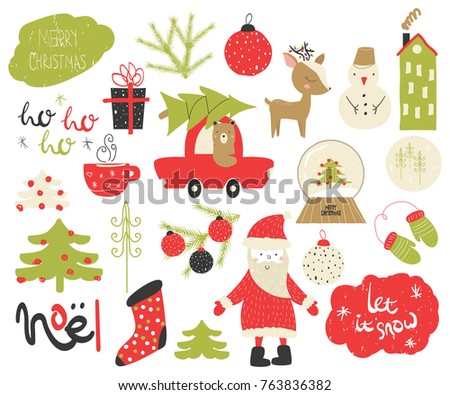 Funny doodle christmas set. Holiday graphic elements. Vector hand drawn illustration.