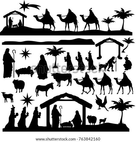 Nativity Scene Silhouette. Holidays Christmas Religion. Holly Night Characters. Cut File Design. Vector Clip Art.