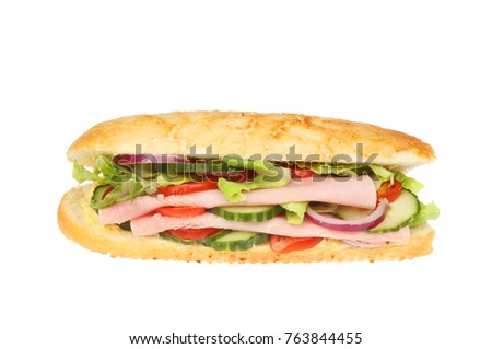 Ham salad in a giraffe bread roll isolated against white