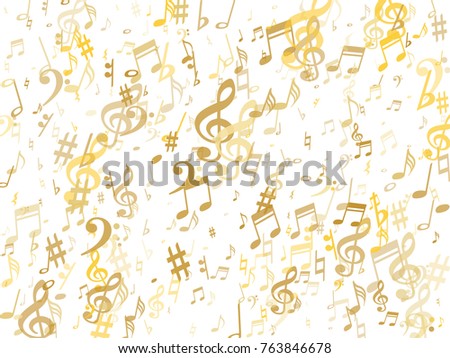 Golden musical notes flying isolated on white background. Stylish gold musical notation symphony signs, notes for sound and tune. Metallic vector symbols for melody recording, prints and back layers.