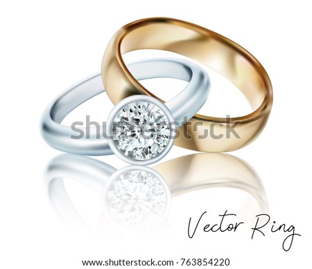 Wedding rings of gold, silver, palladium metal with diamonds, zircons and gems on transparent background isolated vector illustration for ads, flyers, wed site sale elements design