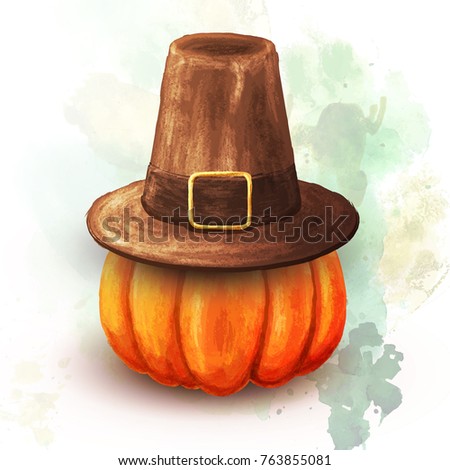 Hand-drawn pumpkin and Pilgrim hat vector isolated illustration on a Thanksgiving.