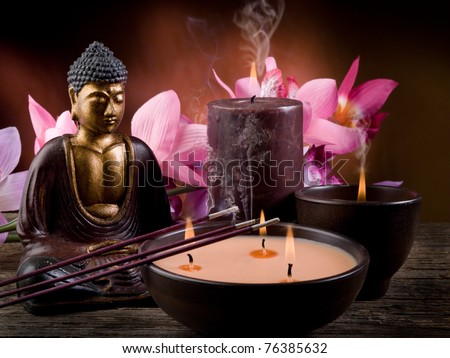 buddha with candle and incense with blur effect