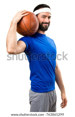 Happy Funny sportsman with ball of basketball on isolated white background