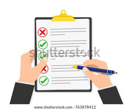 The paper checklist in the hand. Vector illustration. Report file in flat design. Concept of quality control.