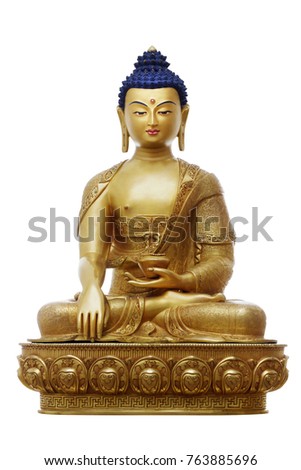 Beautiful shining classical Buddha Shakyamuni (Siddhartha Gautama) golden statue with open eyes isolated on the white background. The figurine made in traditional Tibetan style Royalty-Free Stock Photo #763885696
