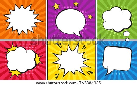 Retro comic empty speech bubbles set on colorful background. Vector illustration, vintage design, pop art style Royalty-Free Stock Photo #763886965