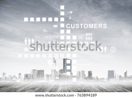 Concept of modern technologies with media icons on screen and business city at background