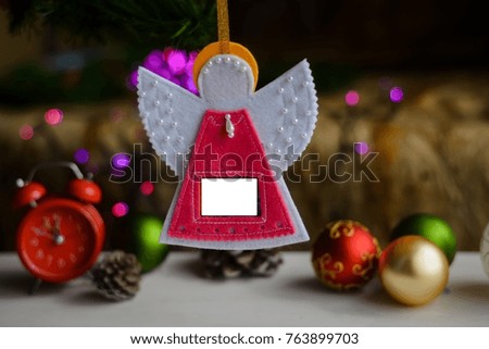 Close up detail of handmade Christmas symbols, joyful decorated toys and ornament design background. Traditional handicraft culture, festive holiday celebrating photography