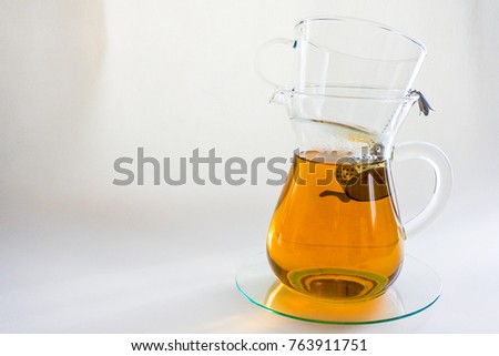 tea set on the white background, make up your soul with aroma of tea. The easy way to keep calm and relax.