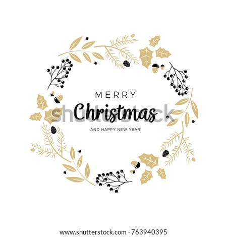 Christmas wreath with black and gold branches and pine cones. Unique design for your greeting cards, banners, flyers. Vector illustration in modern style. Royalty-Free Stock Photo #763940395