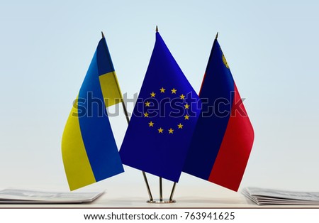 Flags of Ukraine European Union and Liechtenstein