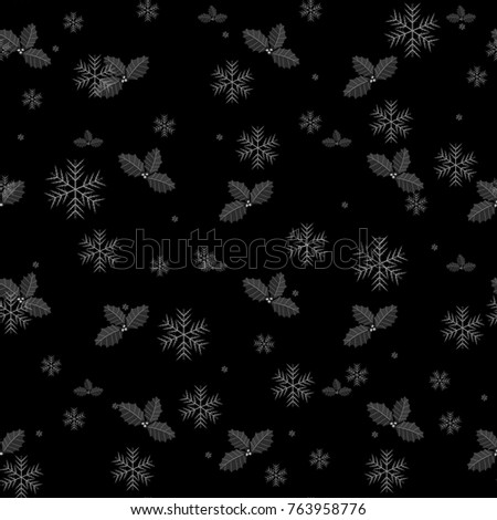Christmas seamless pattern with snowflakes and hollies