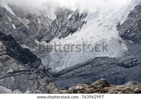 Beautiful glacier landscape of Khumbu Icefall  in the Himalayan mountain range along the Everest base camp trek in Nepal