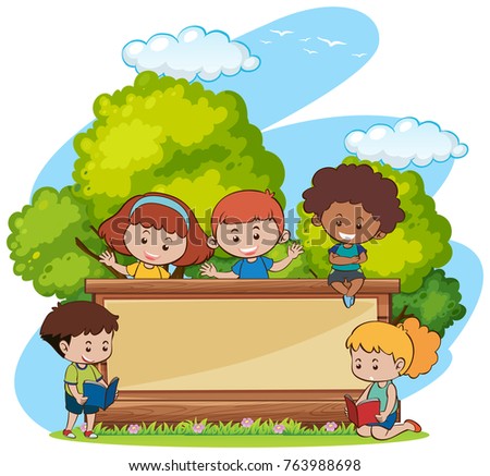 Border template with cute girls and boys in park illustration