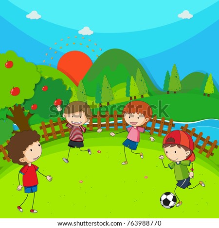 Four children playing football in the park illustration