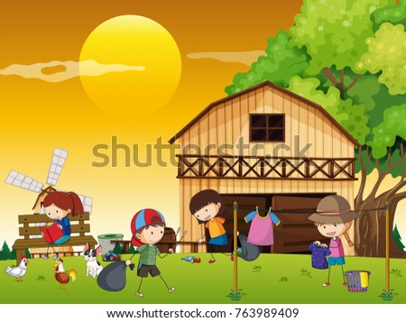 Kids doing different chores in the farm illustration