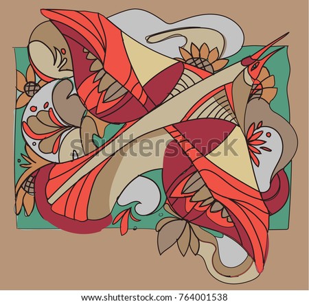 vector flying bird pattern. animal ornament, flowers. red bird