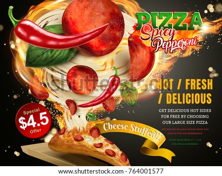 Pepperoni pizza with stringy cheese and delicious toppings flying out with fire and chili, 3d illustration