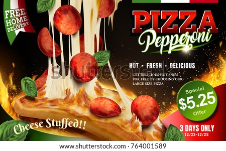 Pepperoni pizza with stringy cheese and delicious toppings isolated on flaming background, 3d illustration
