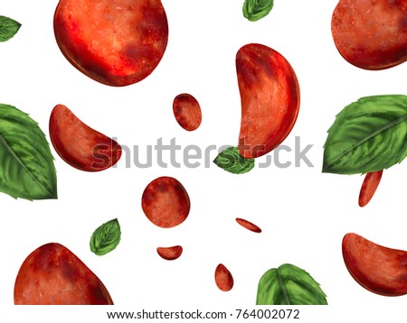 Pizza toppings wallpaper, pepperoni and basil elements falling down from sky in 3d illustration, white background Royalty-Free Stock Photo #764002072