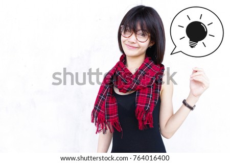 Asian girl with lightbulb icon - Good idea concept