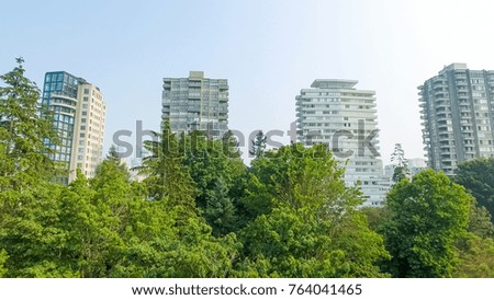 Aerial view of Vancouver skyline from Stanley Park, Canada.