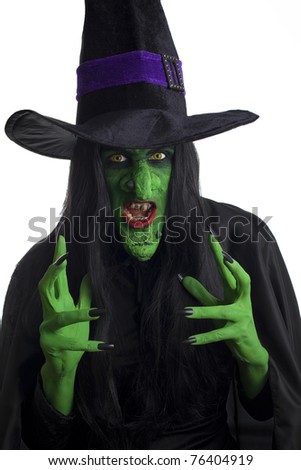 Evil witch looking to attack.  White background.