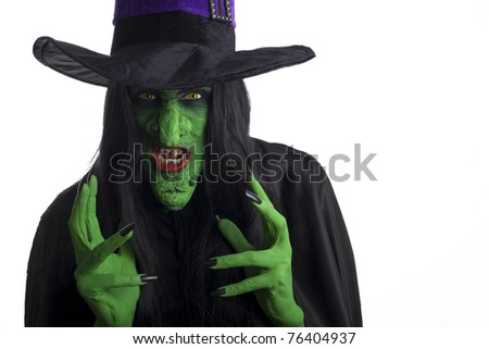Evil witch looking to attack. White background.